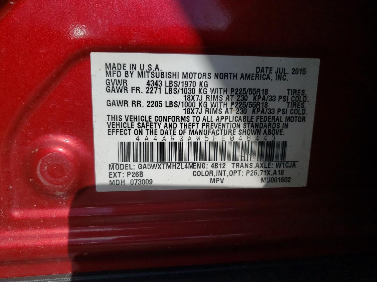 Photo 10 from auction – 2015 MITSUBISHI OUTLANDER with VIN 4A4AR3AW5FE046443