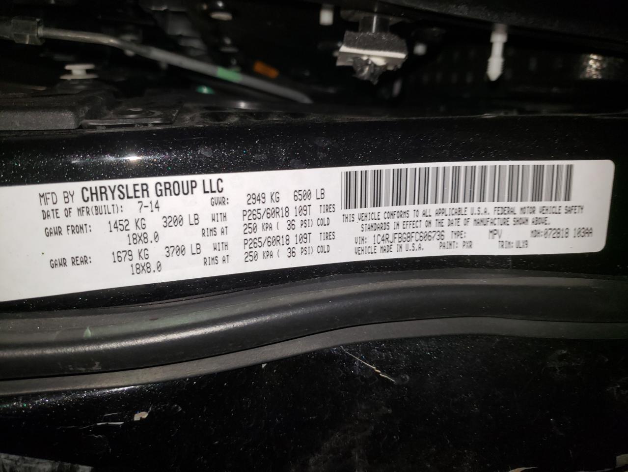 Photo 10 from auction – 2015 JEEP GRAND CHER with VIN 1C4RJFBG8FC606736