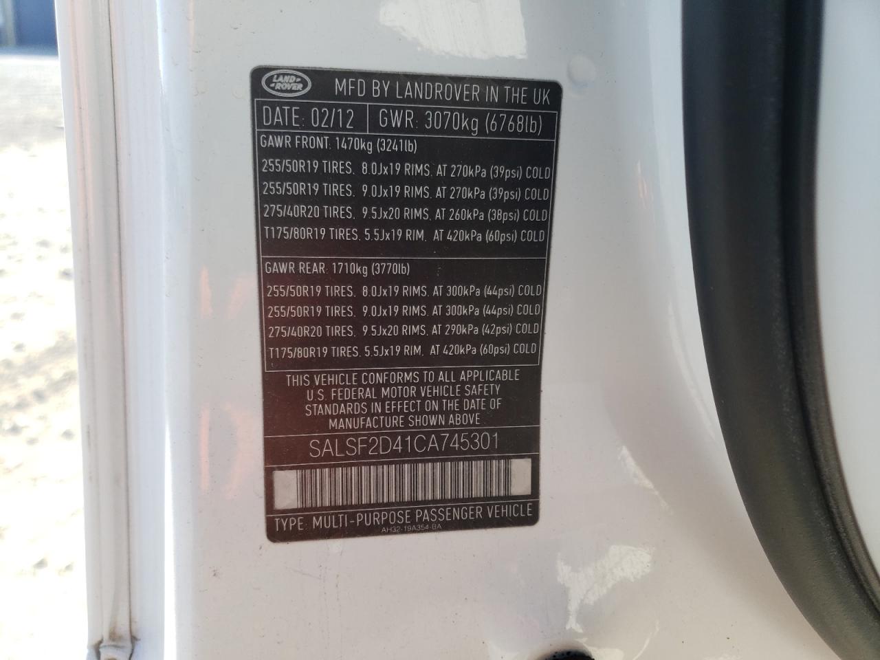 Photo 10 from auction – 2012 LAND ROVER RANGE ROVE with VIN SALSF2D41CA745301