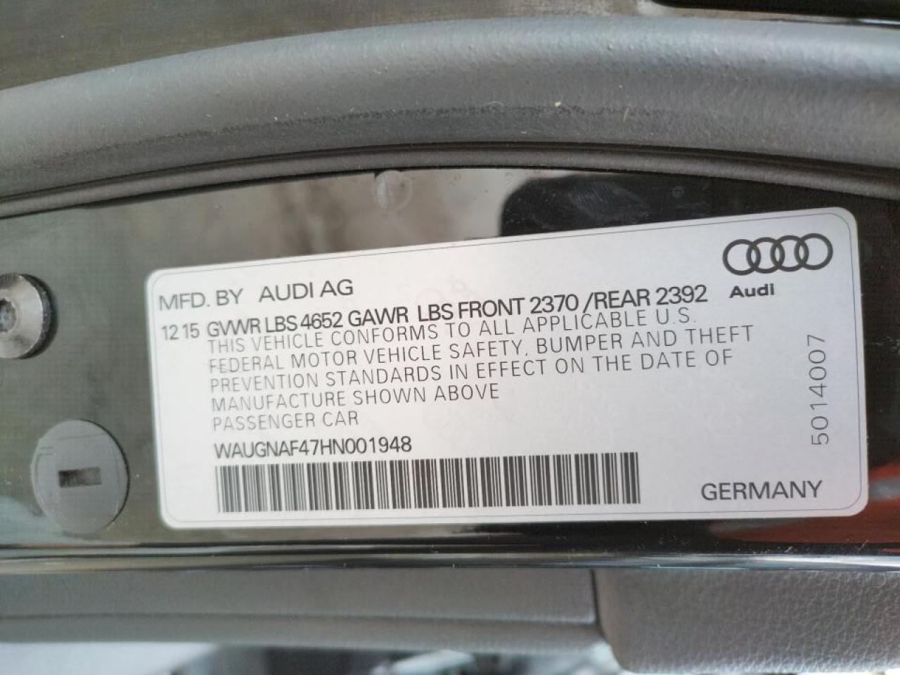 Photo 10 from auction – 2017 AUDI A4 PREMIUM with VIN WAUGNAF47HN001948