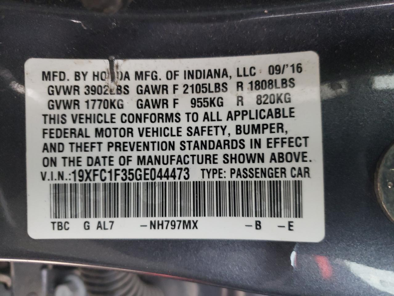 Photo 10 from auction – 2016 HONDA CIVIC EX with VIN 19XFC1F35GE044473