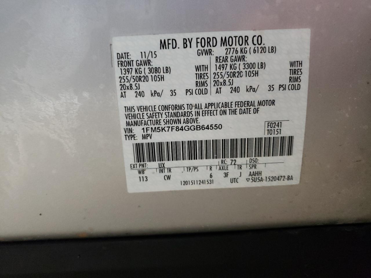 Photo 10 from auction – 2016 FORD EXPLORER L with VIN 1FM5K7F84GGB64550