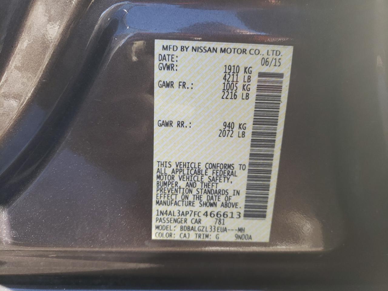Photo 10 from auction – 2015 NISSAN ALTIMA 2.5 with VIN 1N4AL3AP7FC466613