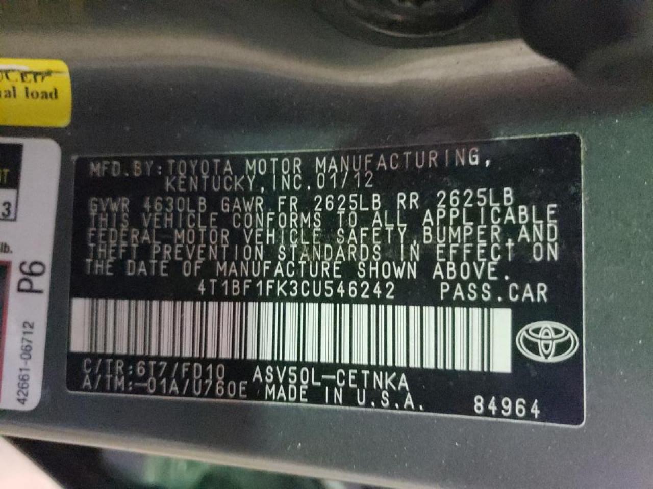 Photo 10 from auction – 2012 TOYOTA CAMRY BASE with VIN 4T1BF1FK3CU546242
