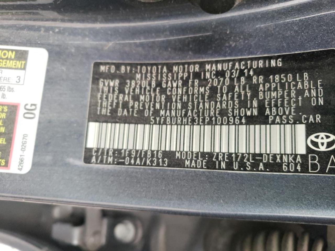 Photo 10 from auction – 2014 TOYOTA COROLLA with VIN 5YFBURHE3EP100964