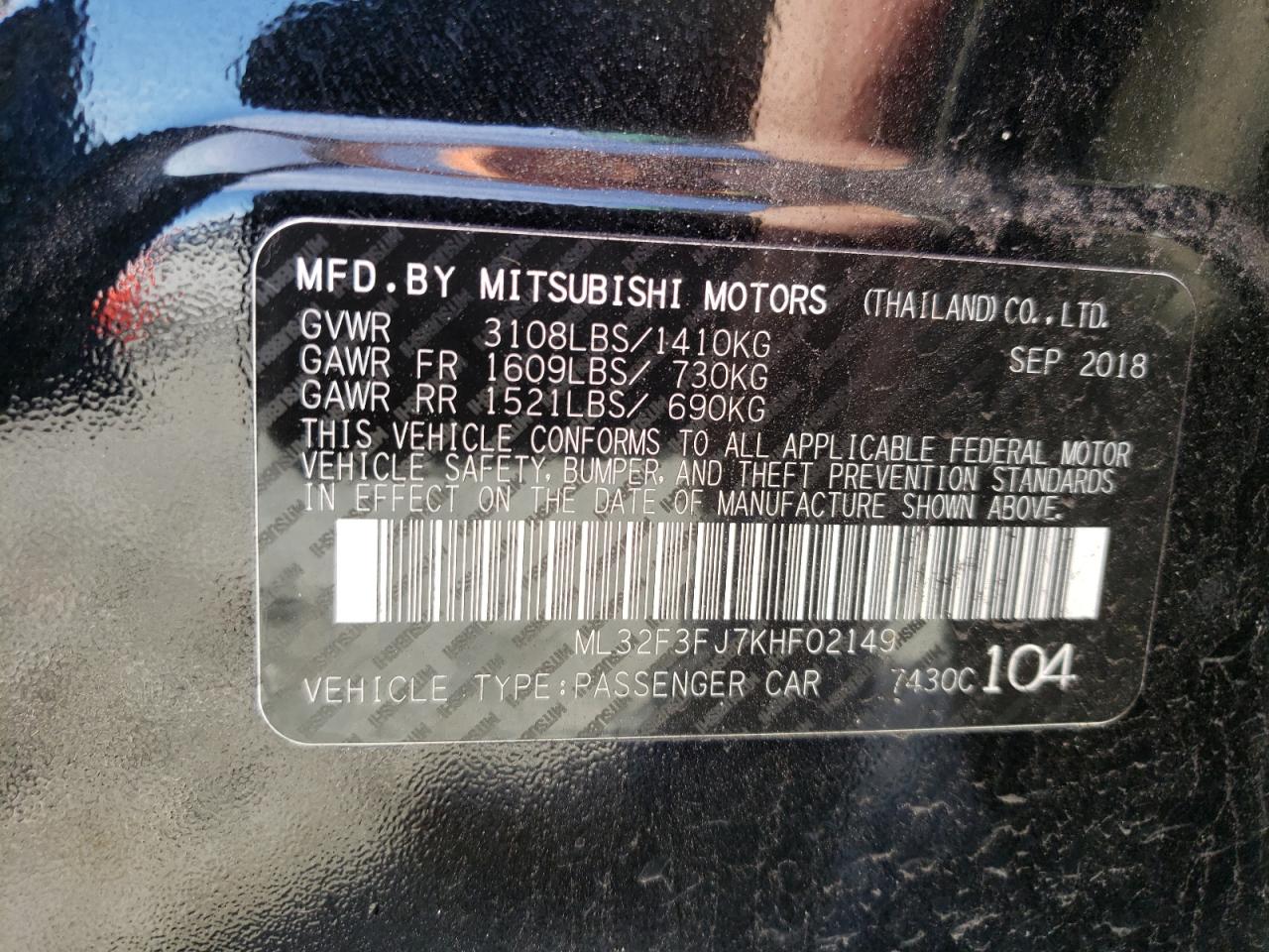 Photo 10 from auction – 2019 MITSUBISHI MIRAGE G4 with VIN ML32F3FJ7KHF02149