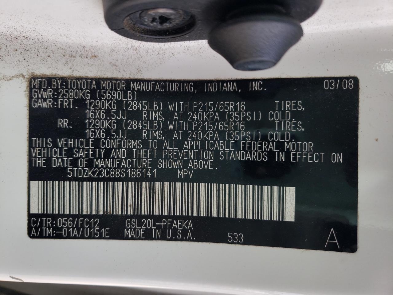 Photo 10 from auction – 2008 TOYOTA SIENNA CE with VIN 5TDZK23C88S186141