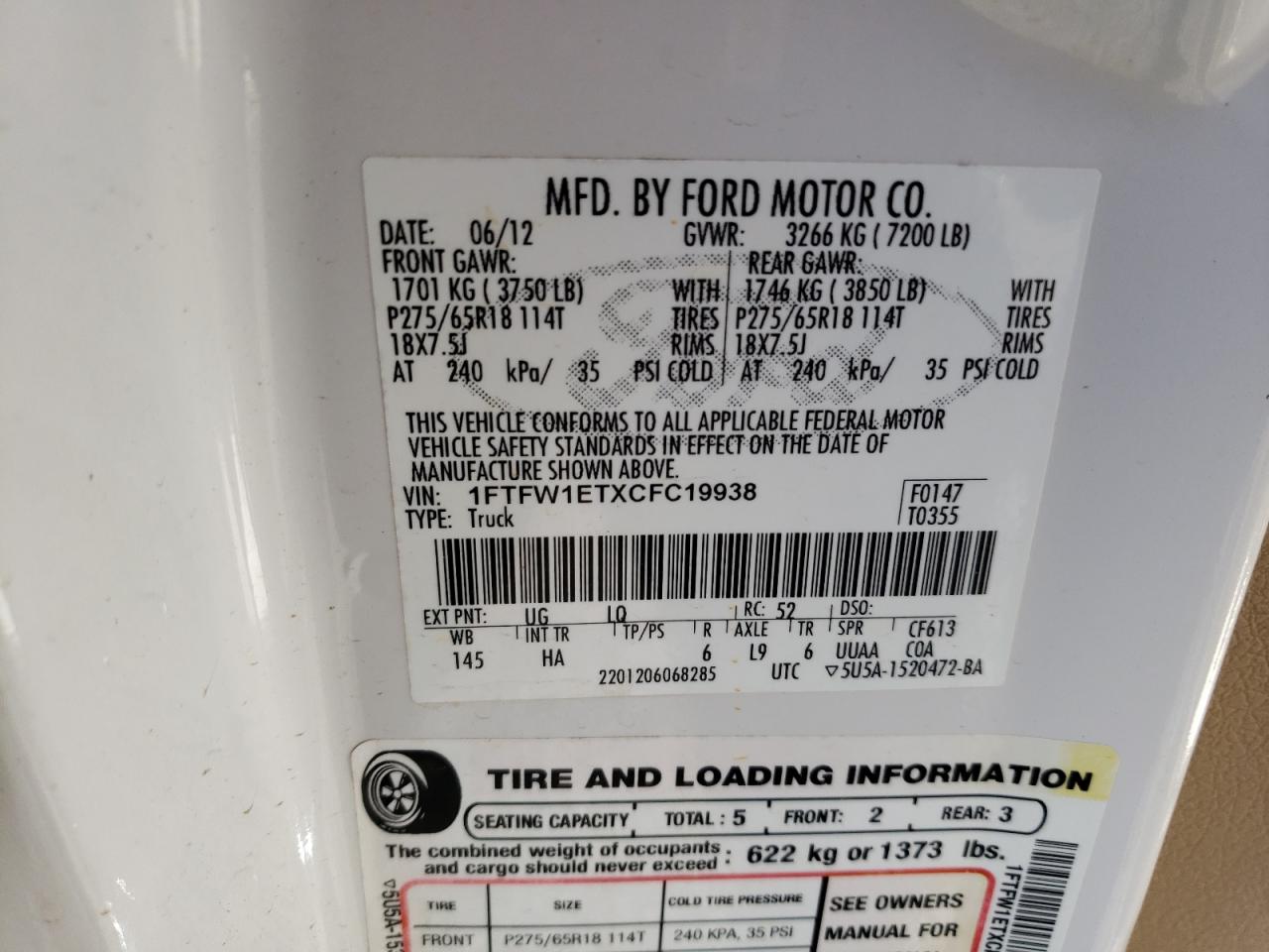 Photo 10 from auction – 2012 FORD F150 SUPER with VIN 1FTFW1ETXCFC19938