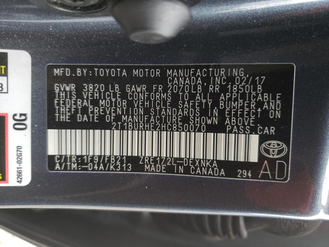 Photo 10 from auction – 2017 TOYOTA COROLLA L with VIN 2T1BURHE2HC850070