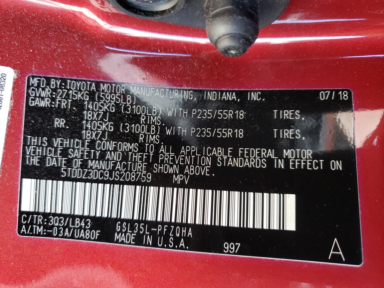 Photo 10 from auction – 2018 TOYOTA SIENNA XLE with VIN 5TDDZ3DC9JS208759