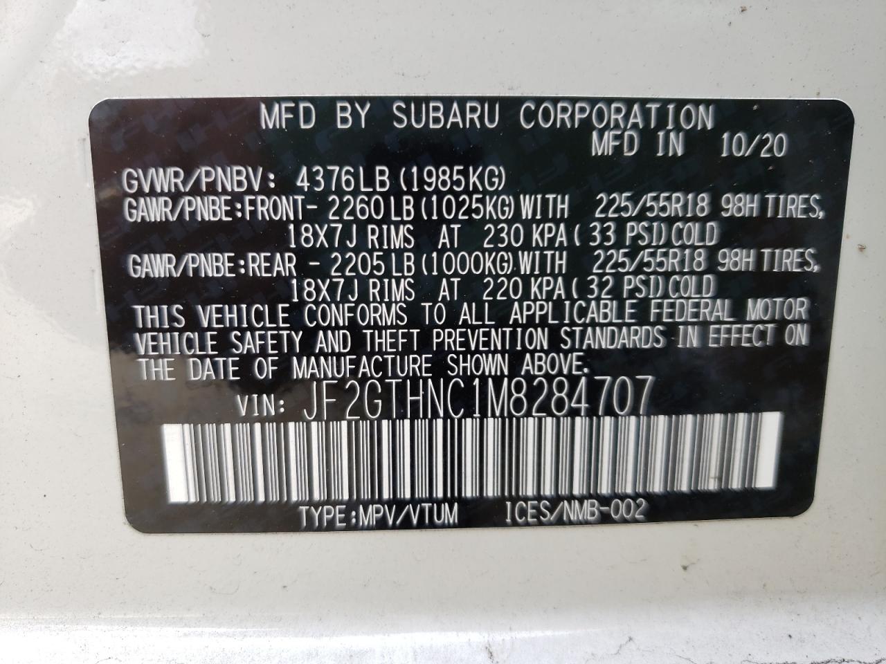 Photo 10 from auction – 2021 SUBARU CROSSTREK with VIN JF2GTHNC1M8284707