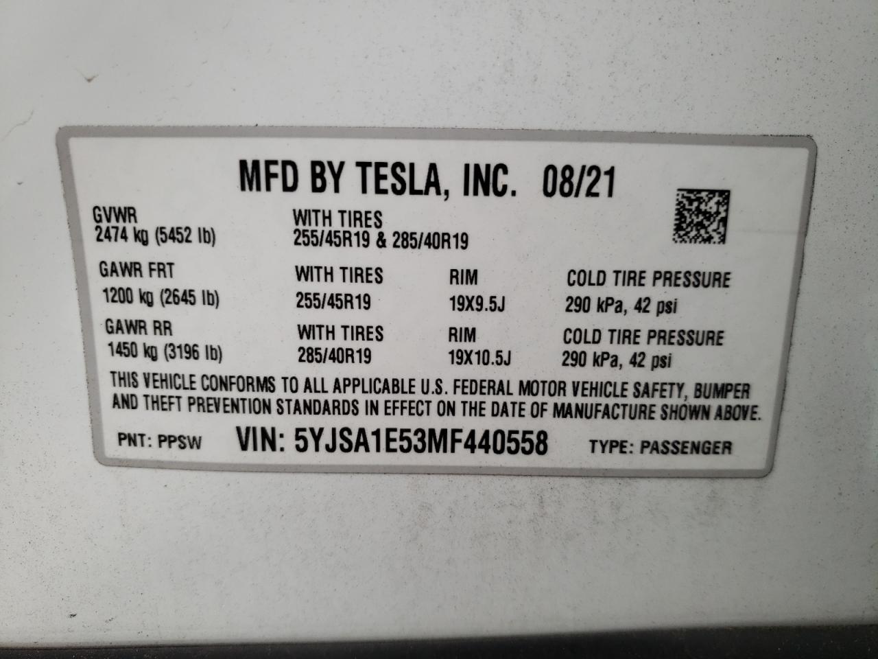 Photo 10 from auction – 2021 TESLA MODEL S with VIN 5YJSA1E53MF440558