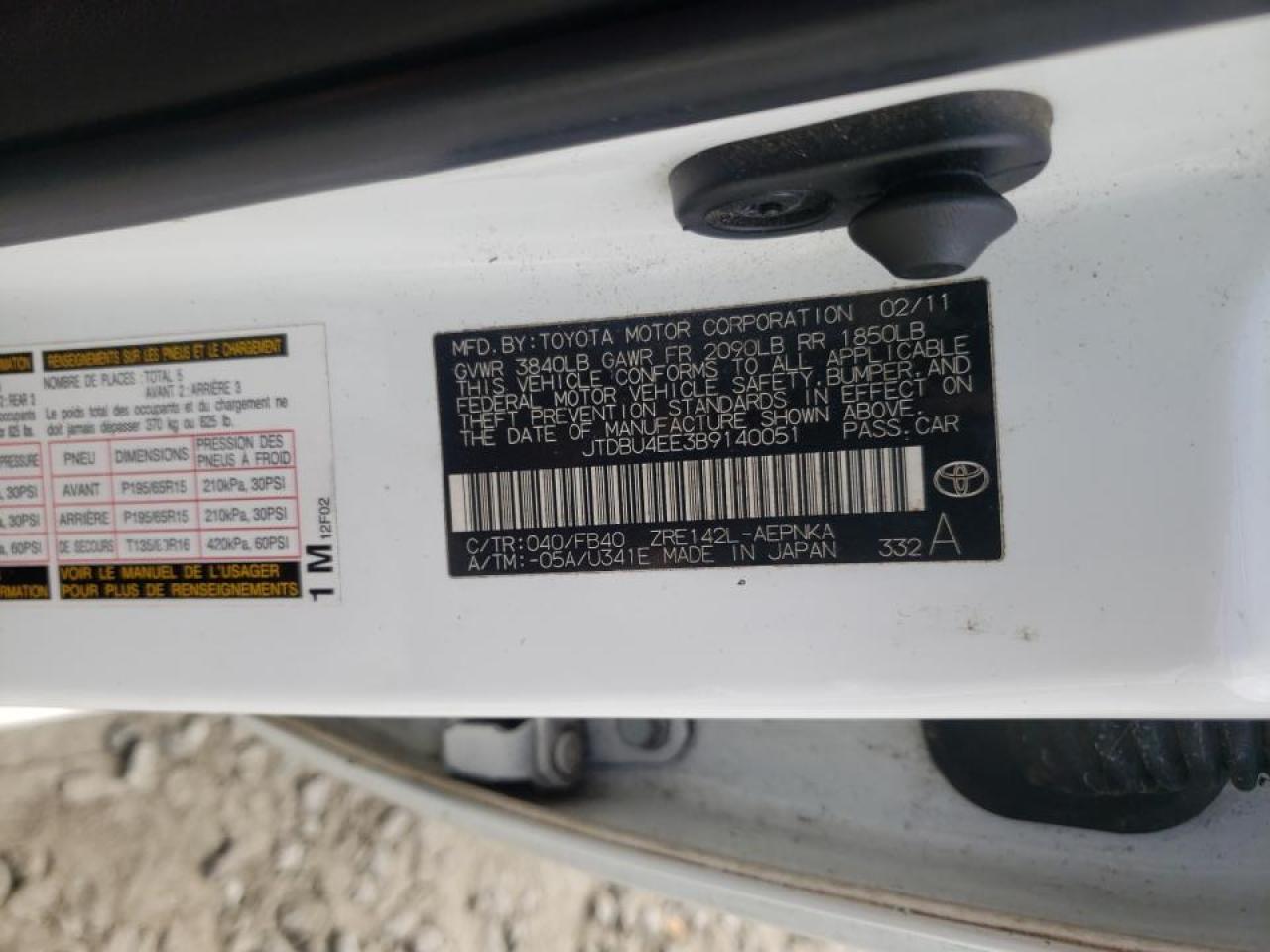 Photo 10 from auction – 2011 TOYOTA COROLLA BA with VIN JTDBU4EE3B9140051