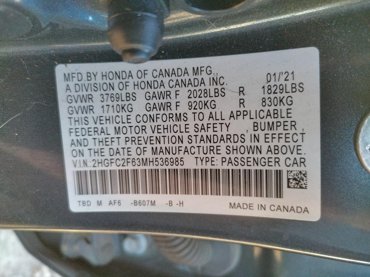 Photo 10 from auction – 2021 HONDA CIVIC LX with VIN 2HGFC2F63MH536985
