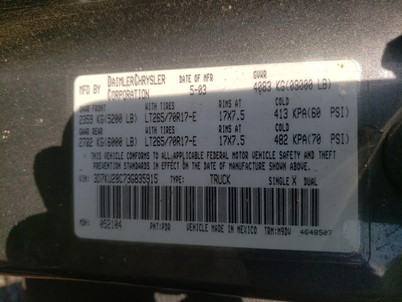 Photo 10 from auction – 2003 DODGE RAM with VIN 3D7KU28C73G835915