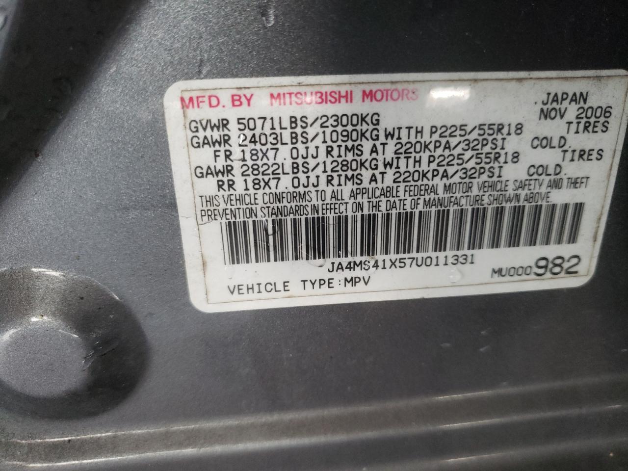 Photo 10 from auction – 2007 MITSUBISHI OUTLANDER with VIN JA4MS41X57U011331