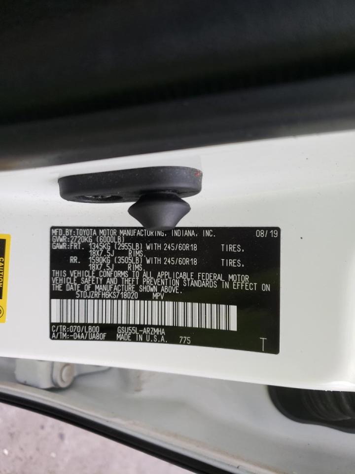 Photo 10 from auction – 2019 TOYOTA HIGHLANDER with VIN 5TDJZRFH6KS718020