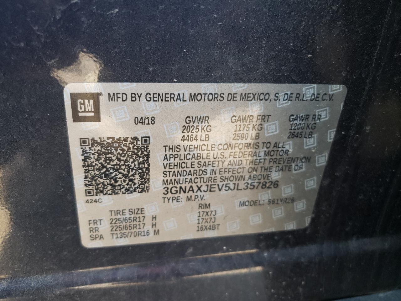 Photo 10 from auction – 2018 CHEVROLET EQUINOX LT with VIN 3GNAXJEV5JL357826