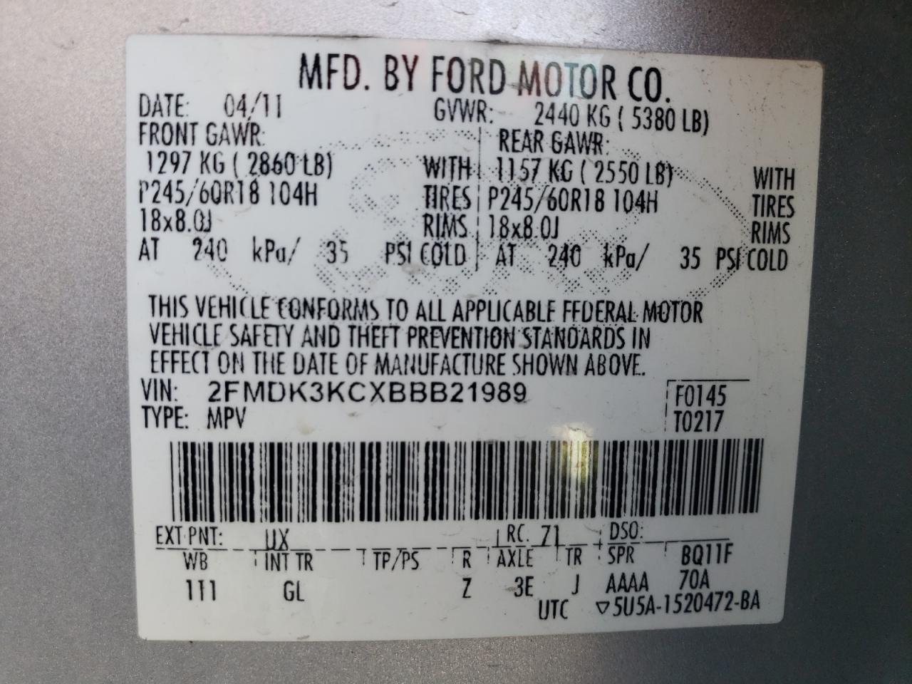 Photo 10 from auction – 2011 FORD EDGE LIMIT with VIN 2FMDK3KCXBBB21989