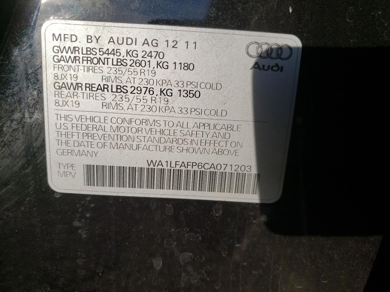 Photo 10 from auction – 2012 AUDI Q5 PREMIUM with VIN WA1LFAFP6CA071203
