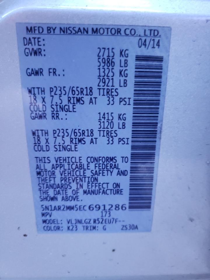 Photo 10 from auction – 2014 NISSAN PATHFINDER with VIN 5N1AR2MM5EC691286