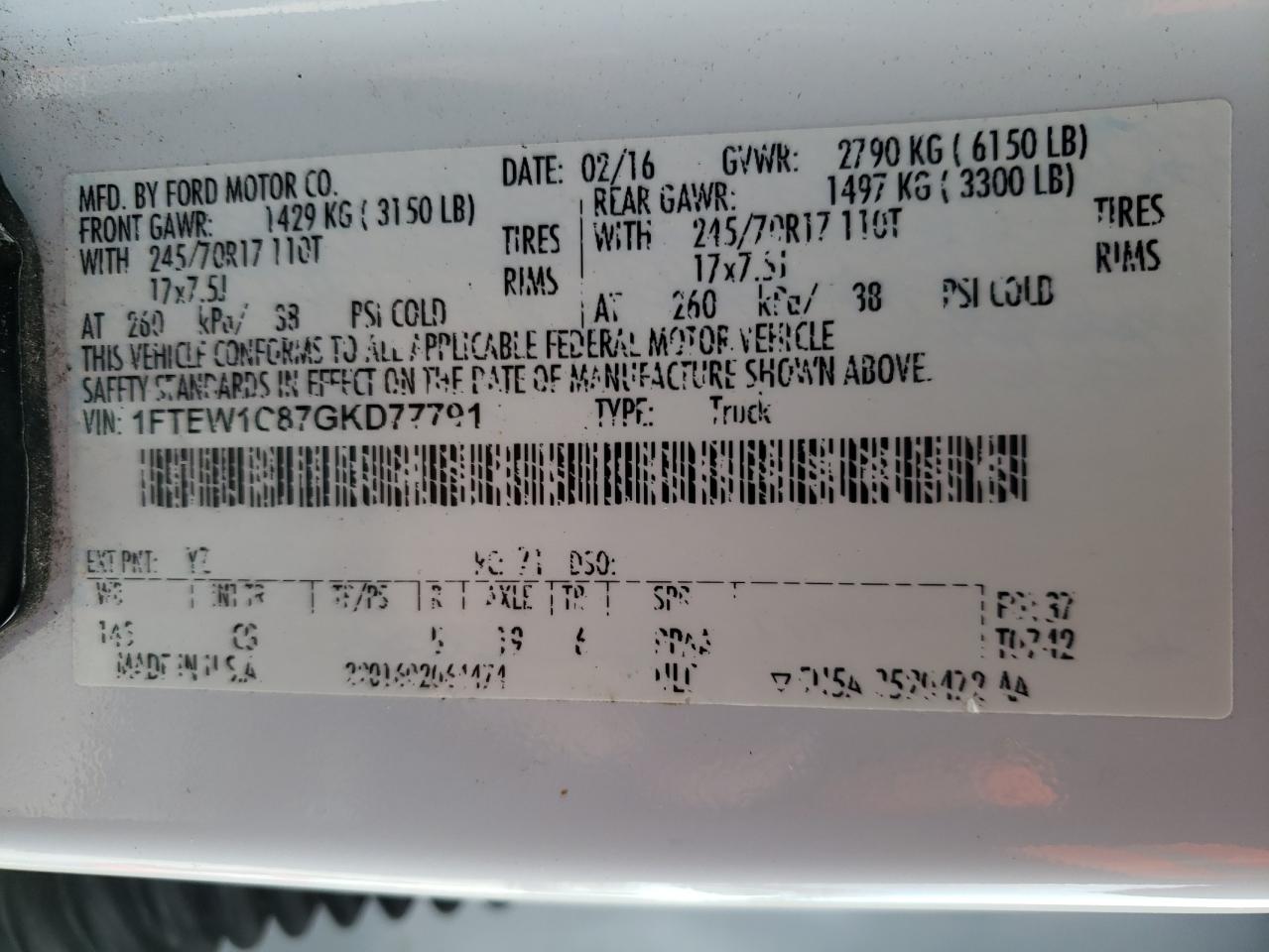 Photo 10 from auction – 2016 FORD F150 SUPER with VIN 1FTEW1C87GKD77791
