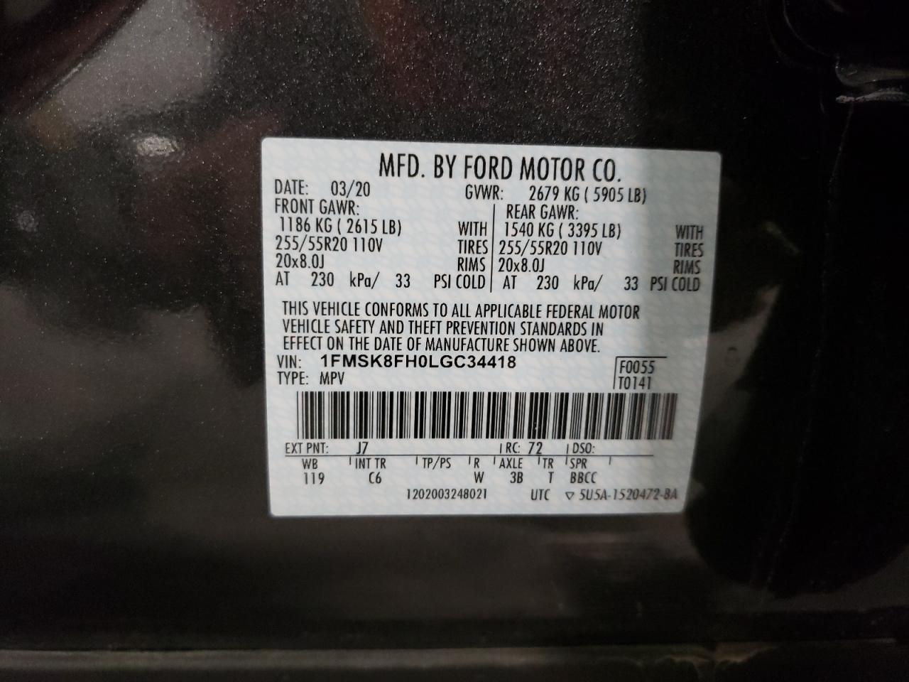Photo 10 from auction – 2020 FORD EXPLORER L with VIN 1FMSK8FH0LGC34418