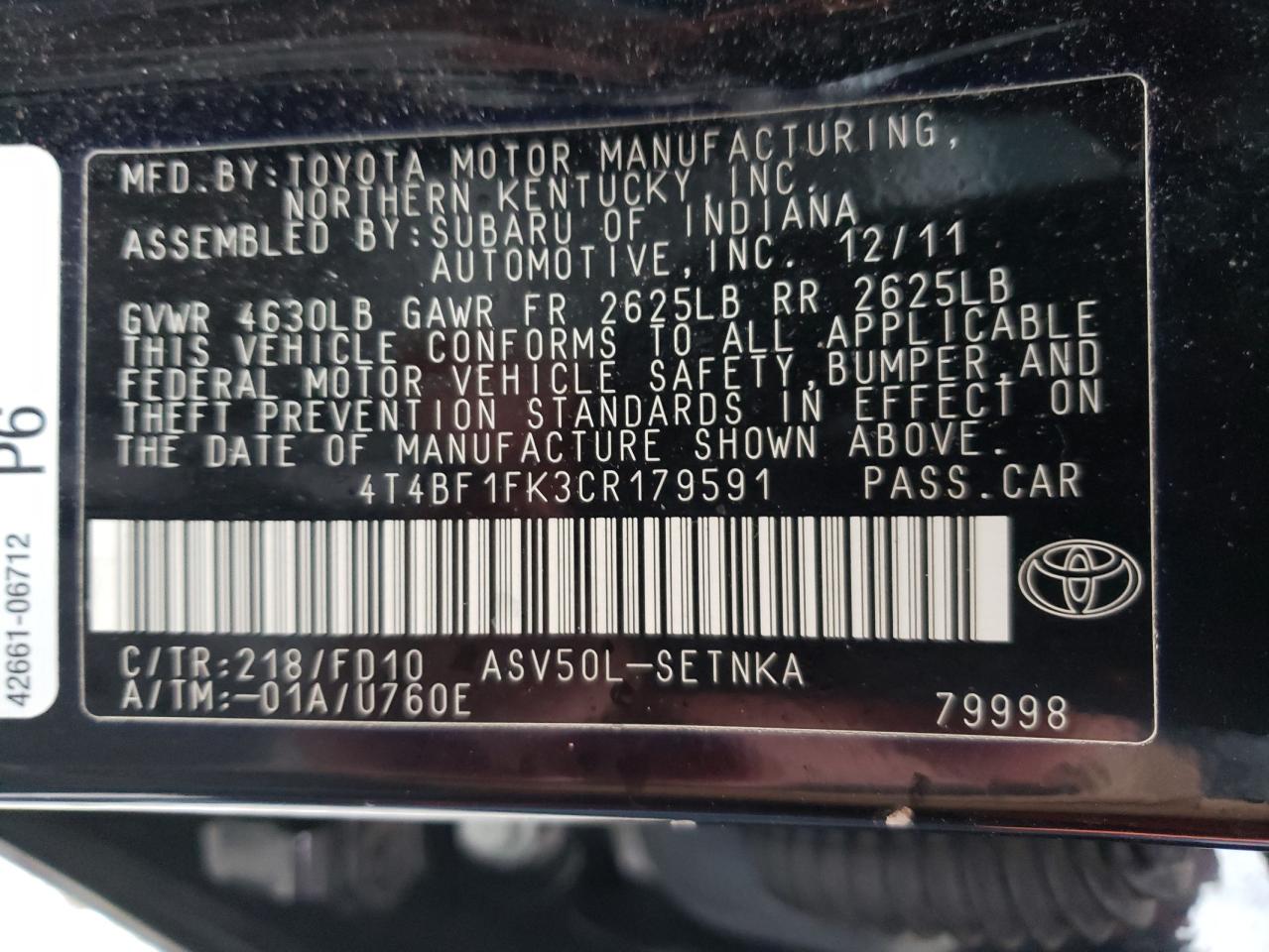 Photo 10 from auction – 2012 TOYOTA CAMRY BASE with VIN 4T4BF1FK3CR179591