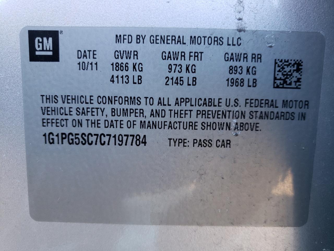 Photo 10 from auction – 2012 CHEVROLET CRUZE LT with VIN 1G1PG5SC7C7197784