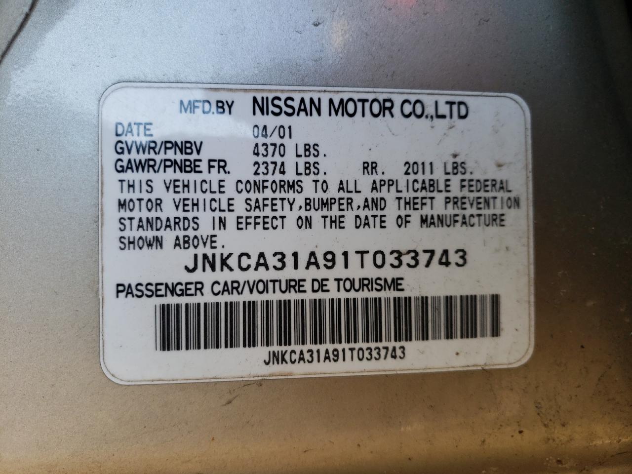 Photo 10 from auction – 2001 INFINITI I30 with VIN JNKCA31A91T033743