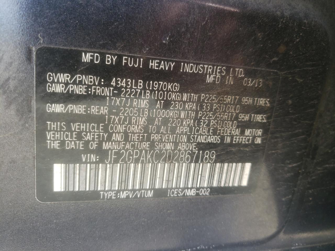 Photo 10 from auction – 2013 SUBARU XV CROSSTR with VIN JF2GPAKC2D2867189