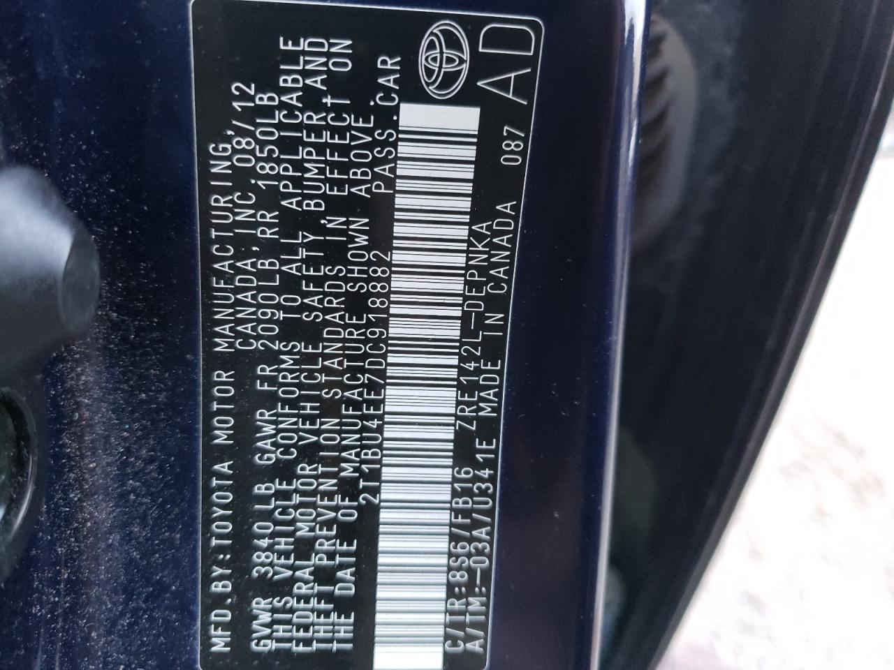 Foto 10 de la subasta – 2013 TOYOTA COROLLA BA con VIN 2T1BU4EE7DC918882