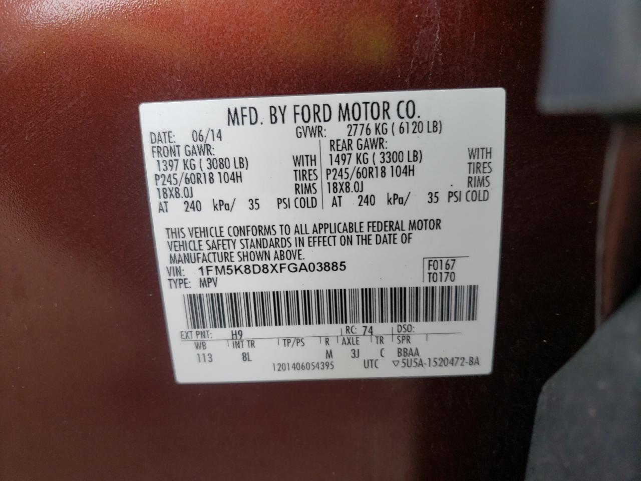 Photo 10 from auction – 2015 FORD EXPLORER X with VIN 1FM5K8D8XFGA03885