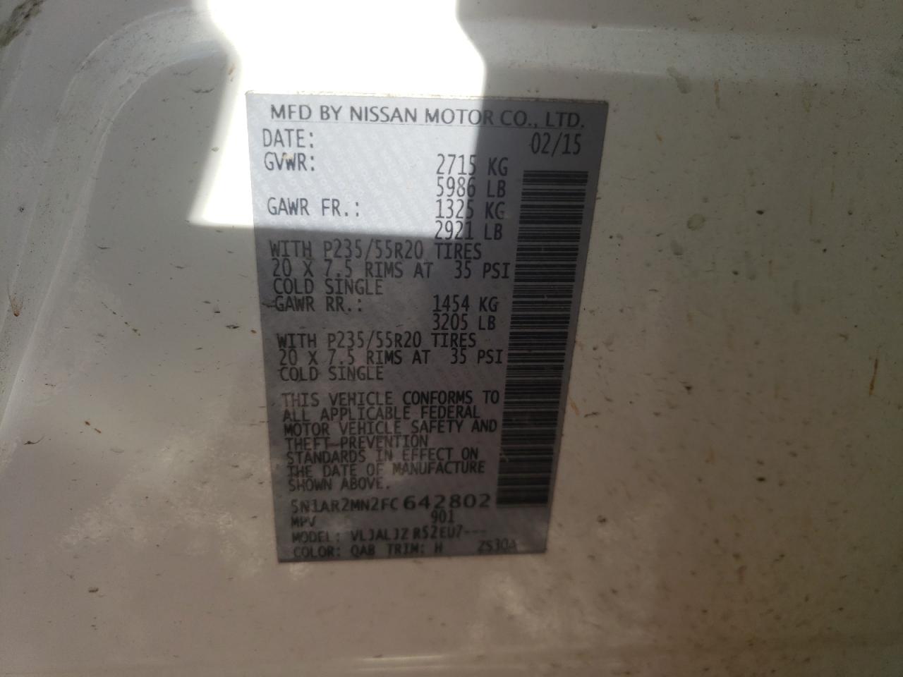 Photo 10 from auction – 2015 NISSAN PATHFINDER with VIN 5N1AR2MN2FC642802