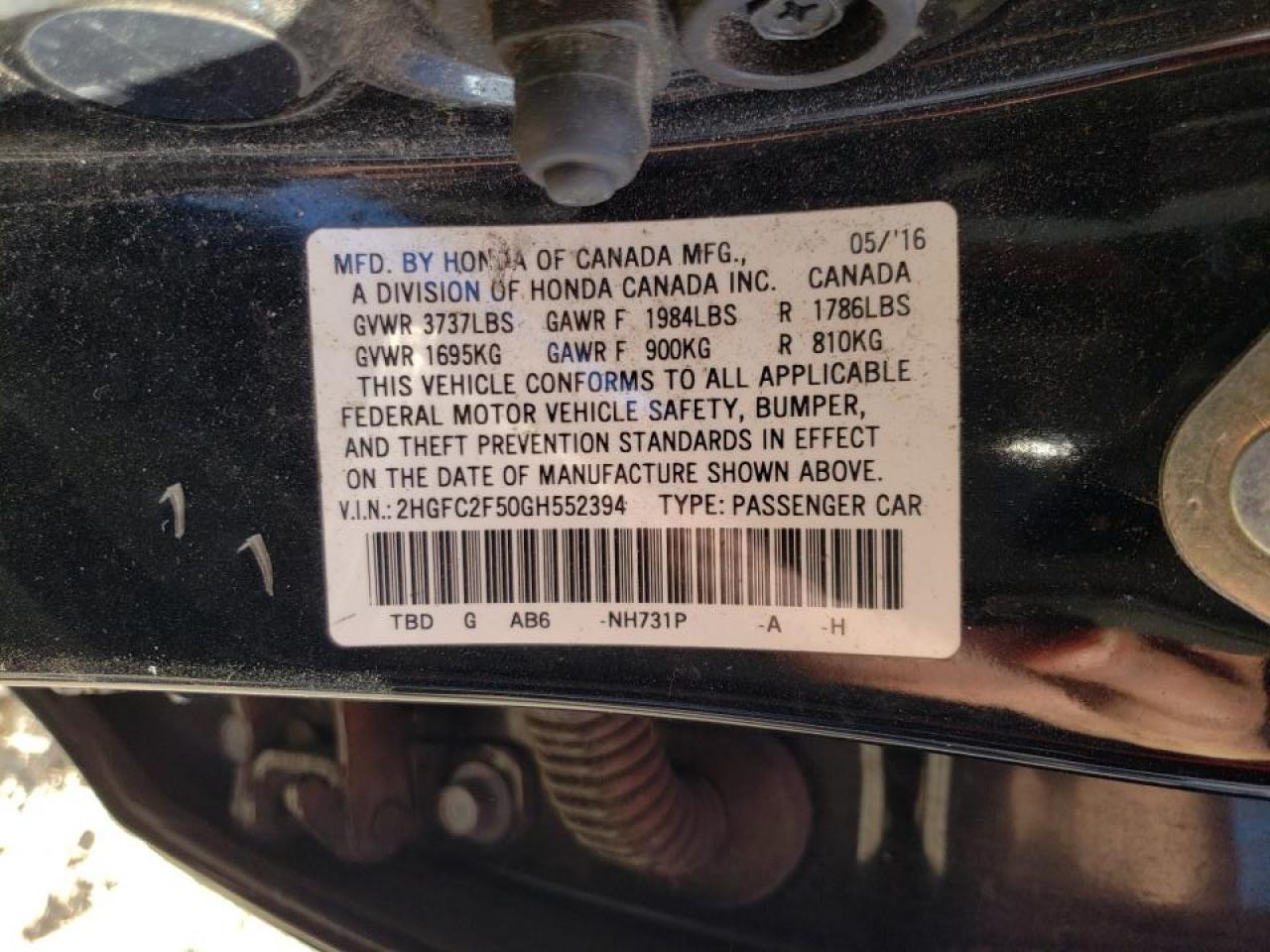 Photo 10 from auction – 2016 HONDA CIVIC LX with VIN 2HGFC2F50GH552394