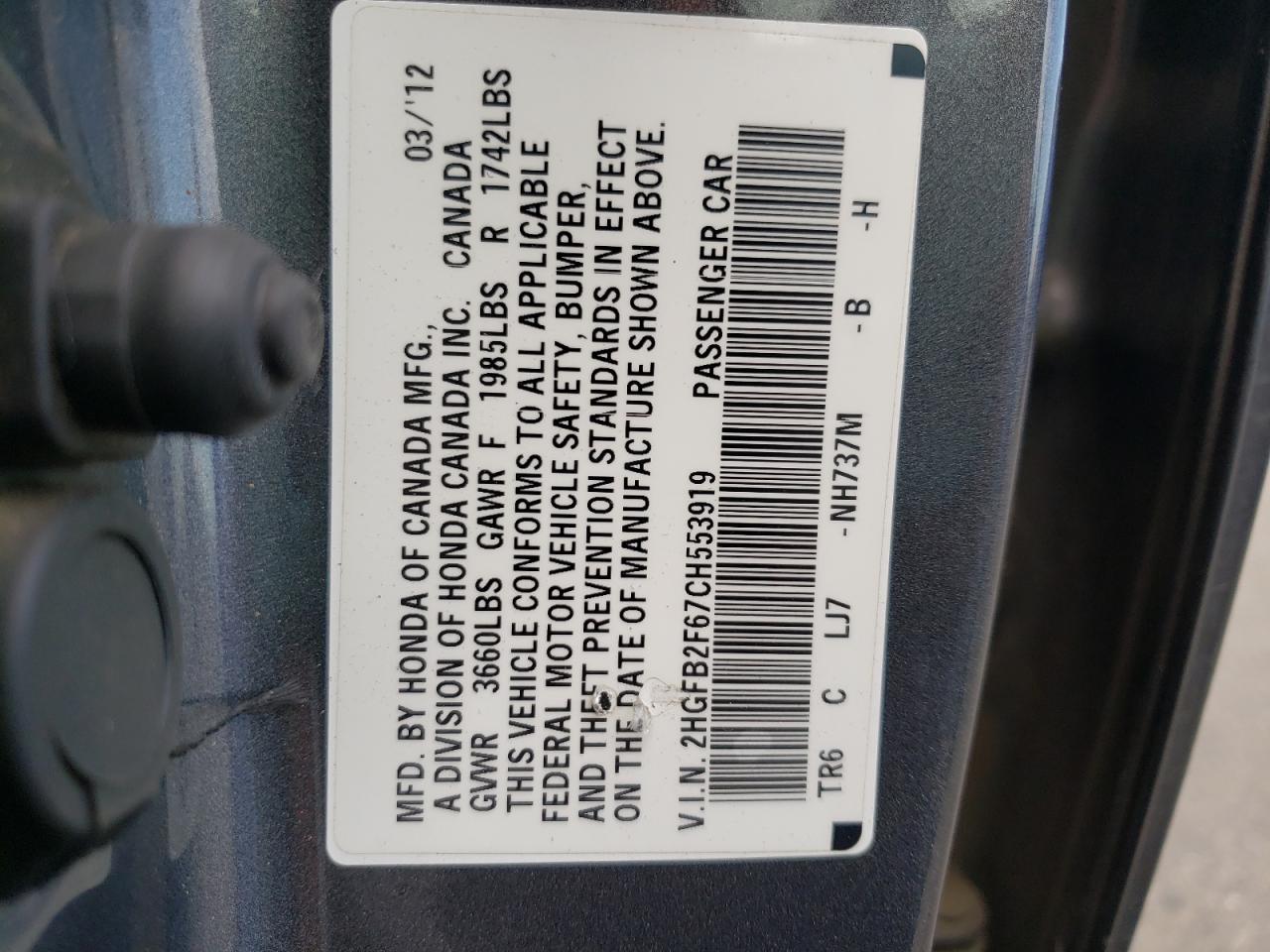 Photo 10 from auction – 2012 HONDA CIVIC HF with VIN 2HGFB2F67CH553919