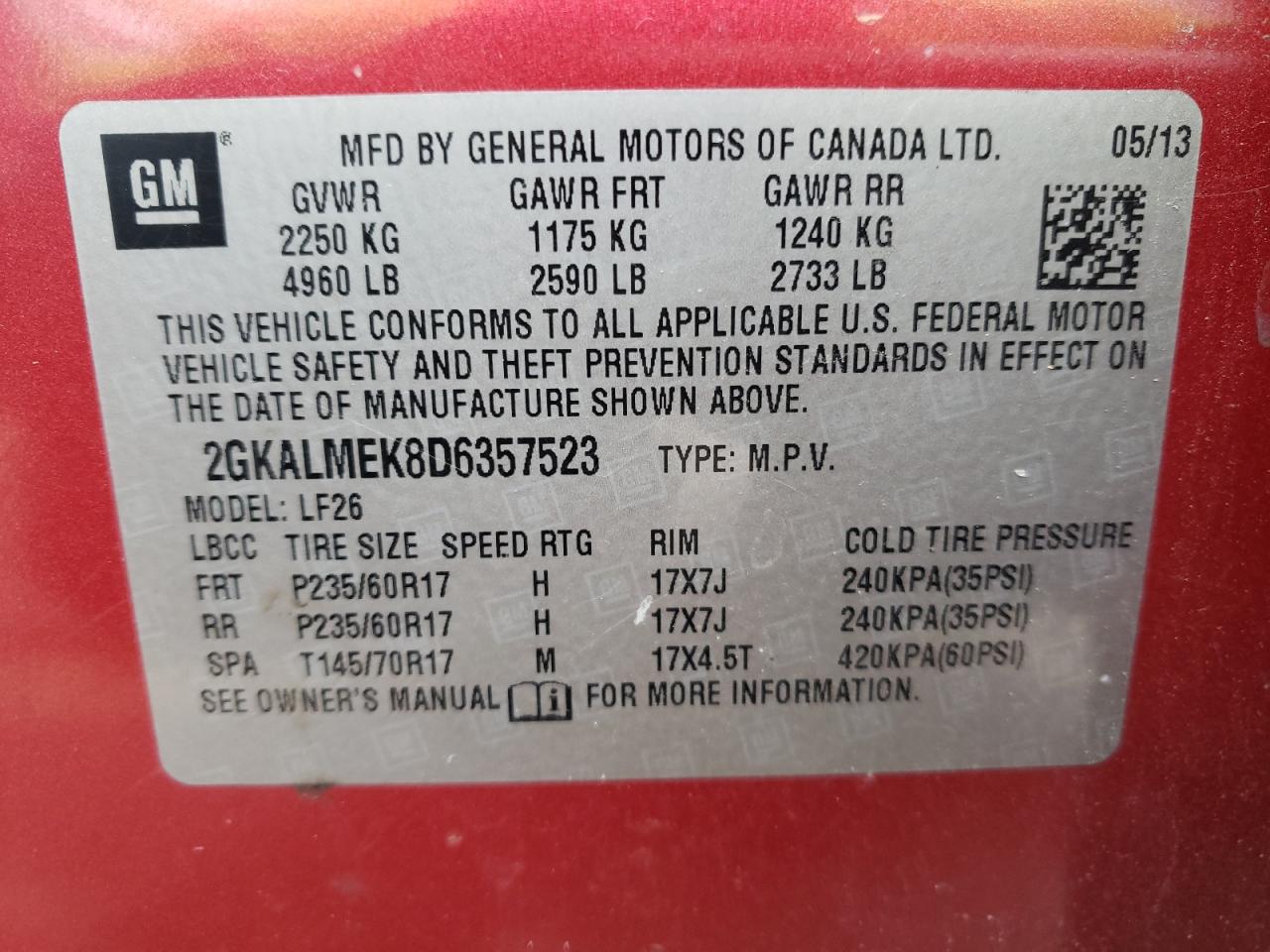 Photo 10 from auction – 2013 GMC TERRAIN SL with VIN 2GKALMEK8D6357523