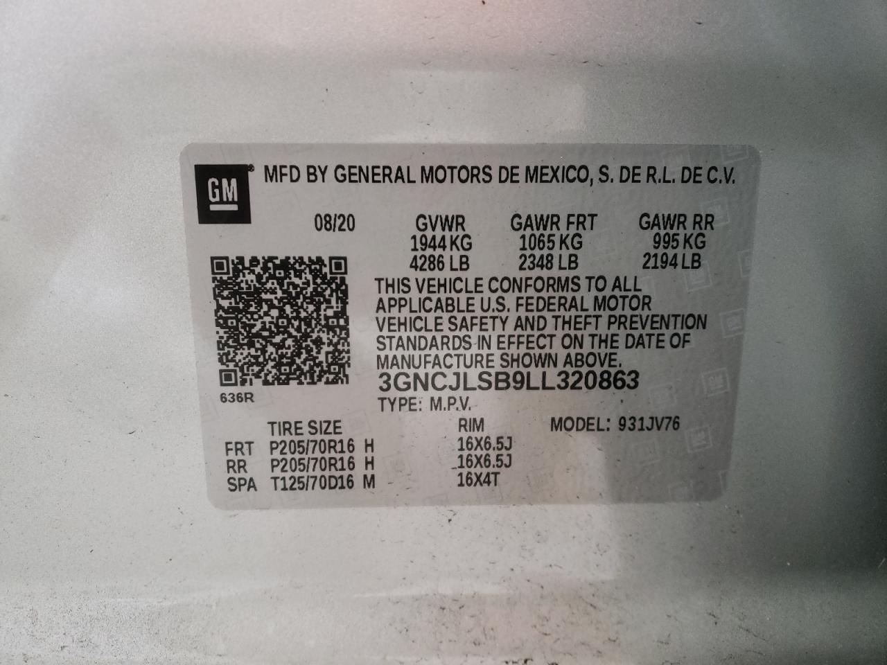 Photo 20 from auction – 2020 CHEVROLET TRAX 1LT with VIN 3GNCJLSB9LL320863