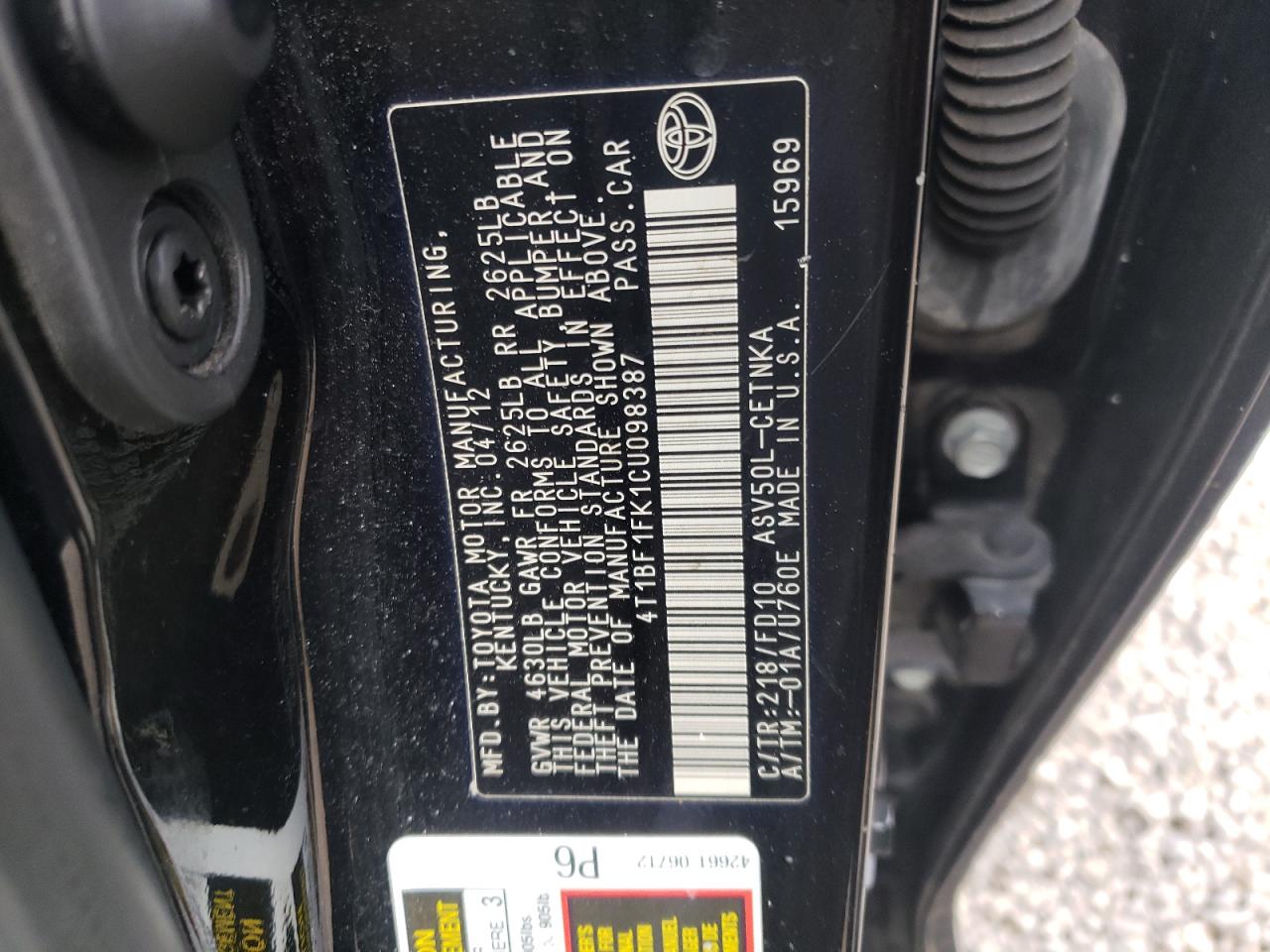 Photo 10 from auction – 2012 TOYOTA CAMRY BASE with VIN 4T1BF1FK1CU098387