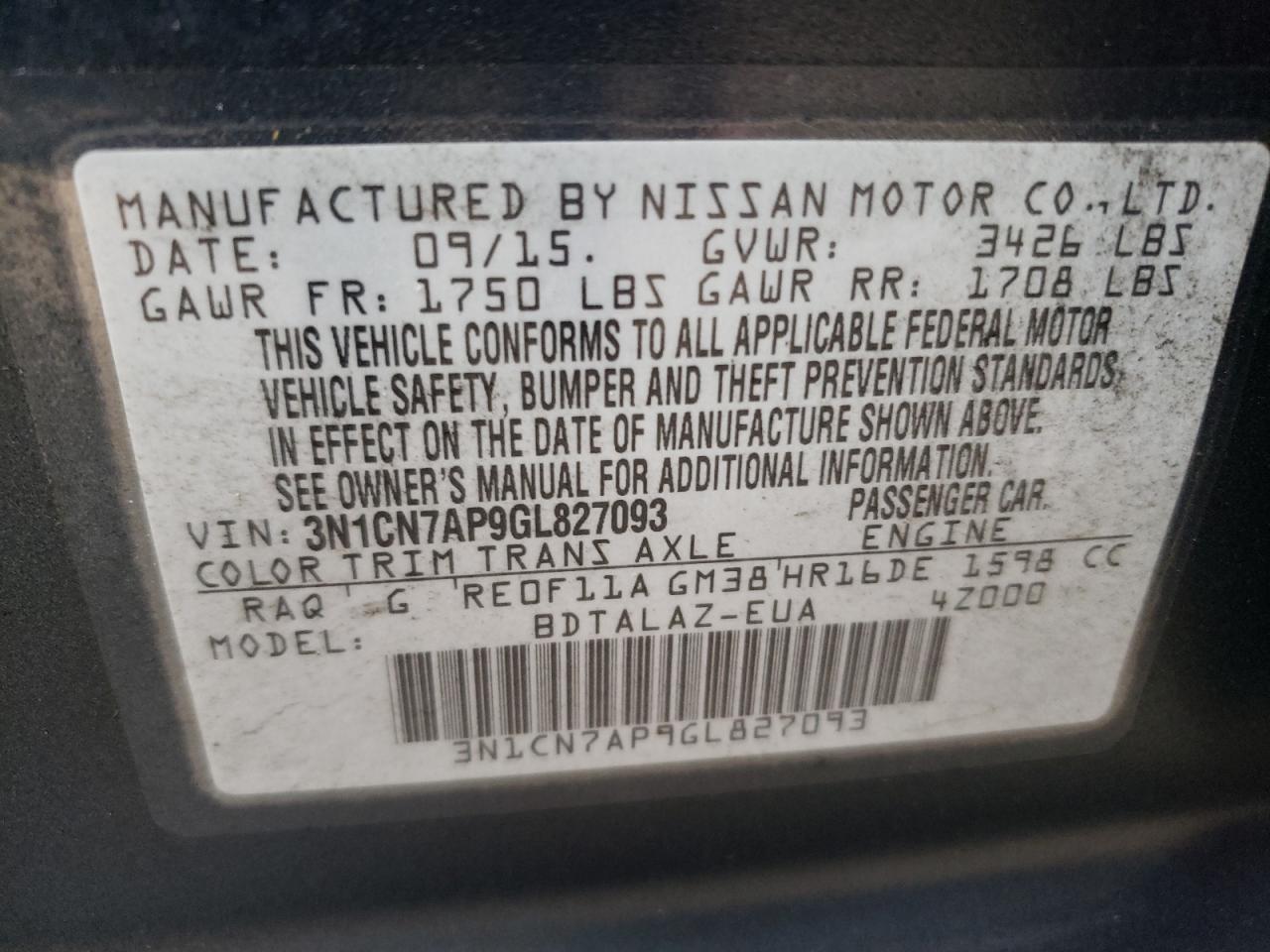 Photo 10 from auction – 2016 NISSAN VERSA S with VIN 3N1CN7AP9GL827093