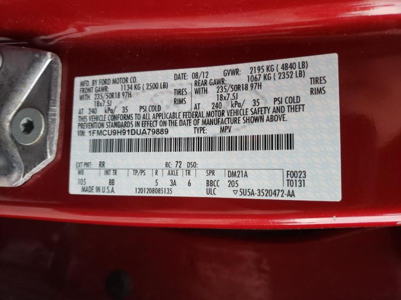 Photo 10 from auction – 2013 FORD ESCAPE SEL with VIN 1FMCU9H91DUA79889