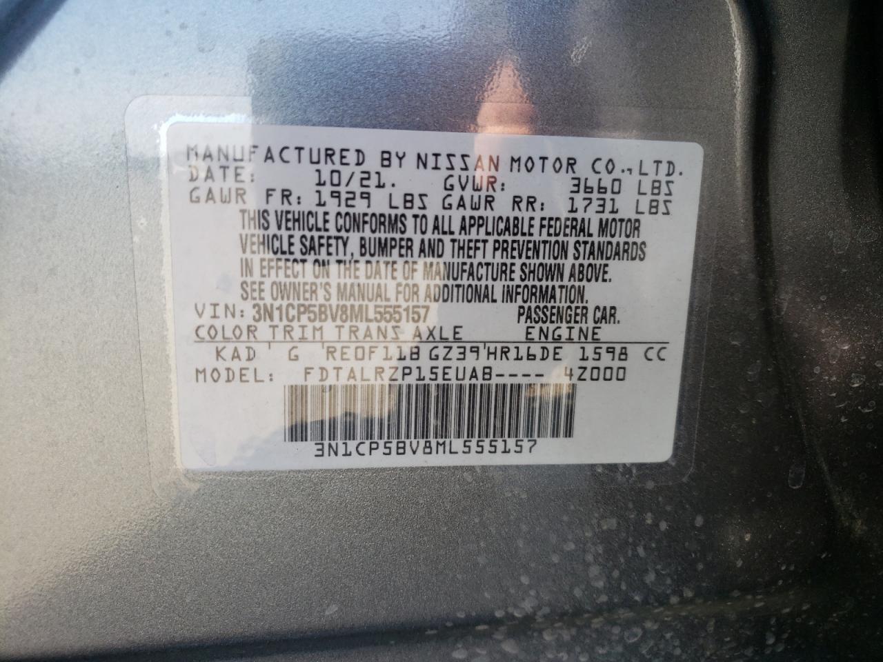 Photo 10 from auction – 2021 NISSAN KICKS S with VIN 3N1CP5BV8ML555157