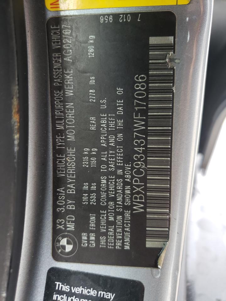 Photo 10 from auction – 2007 BMW X3 3.0SI with VIN WBXPC93437WF17086
