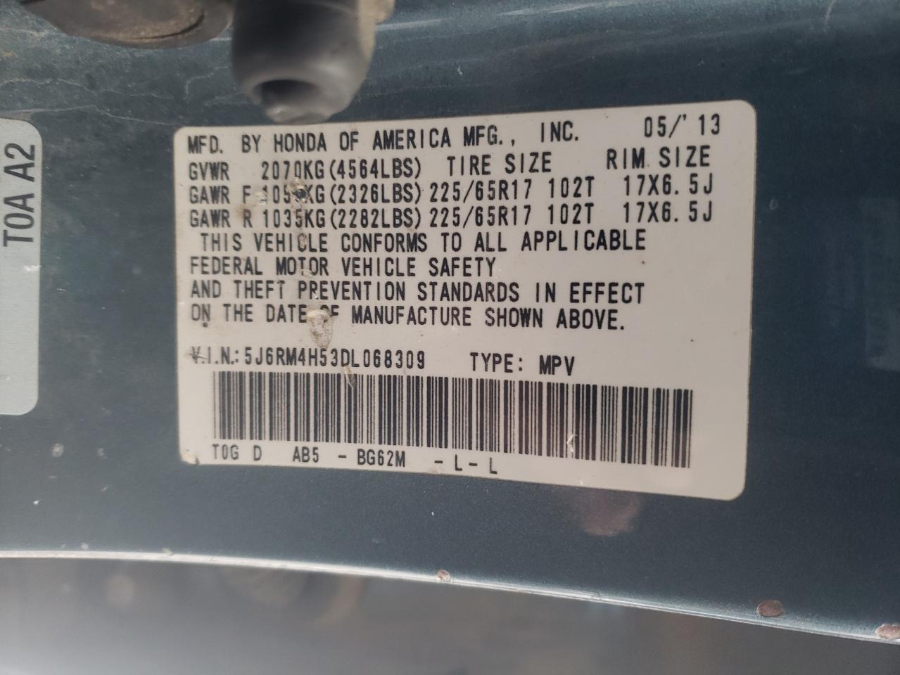 Photo 10 from auction – 2013 HONDA CR-V EX with VIN 5J6RM4H53DL068309