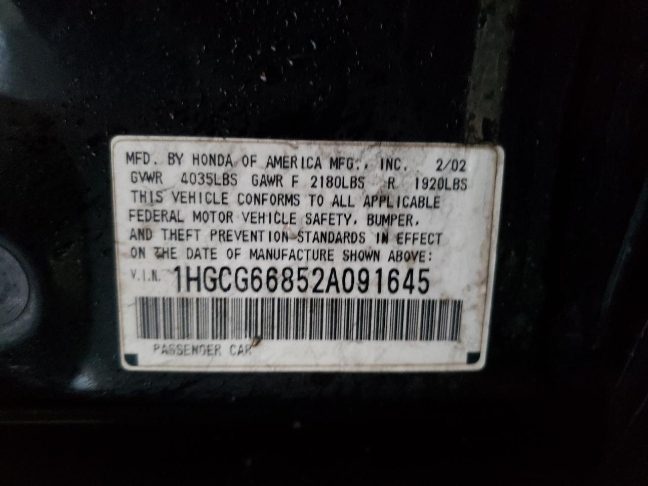 Photo 10 from auction – 2002 HONDA ACCORD EX with VIN 1HGCG66852A091645