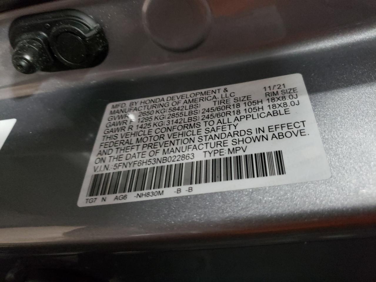Photo 10 from auction – 2022 HONDA PILOT EXL with VIN 5FNYF6H53NB022863