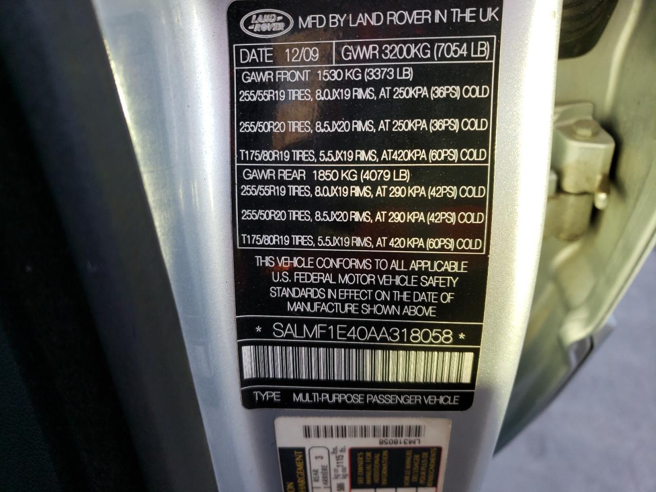 Photo 10 from auction – 2010 LAND ROVER RANGE ROVE with VIN SALMF1E40AA318058