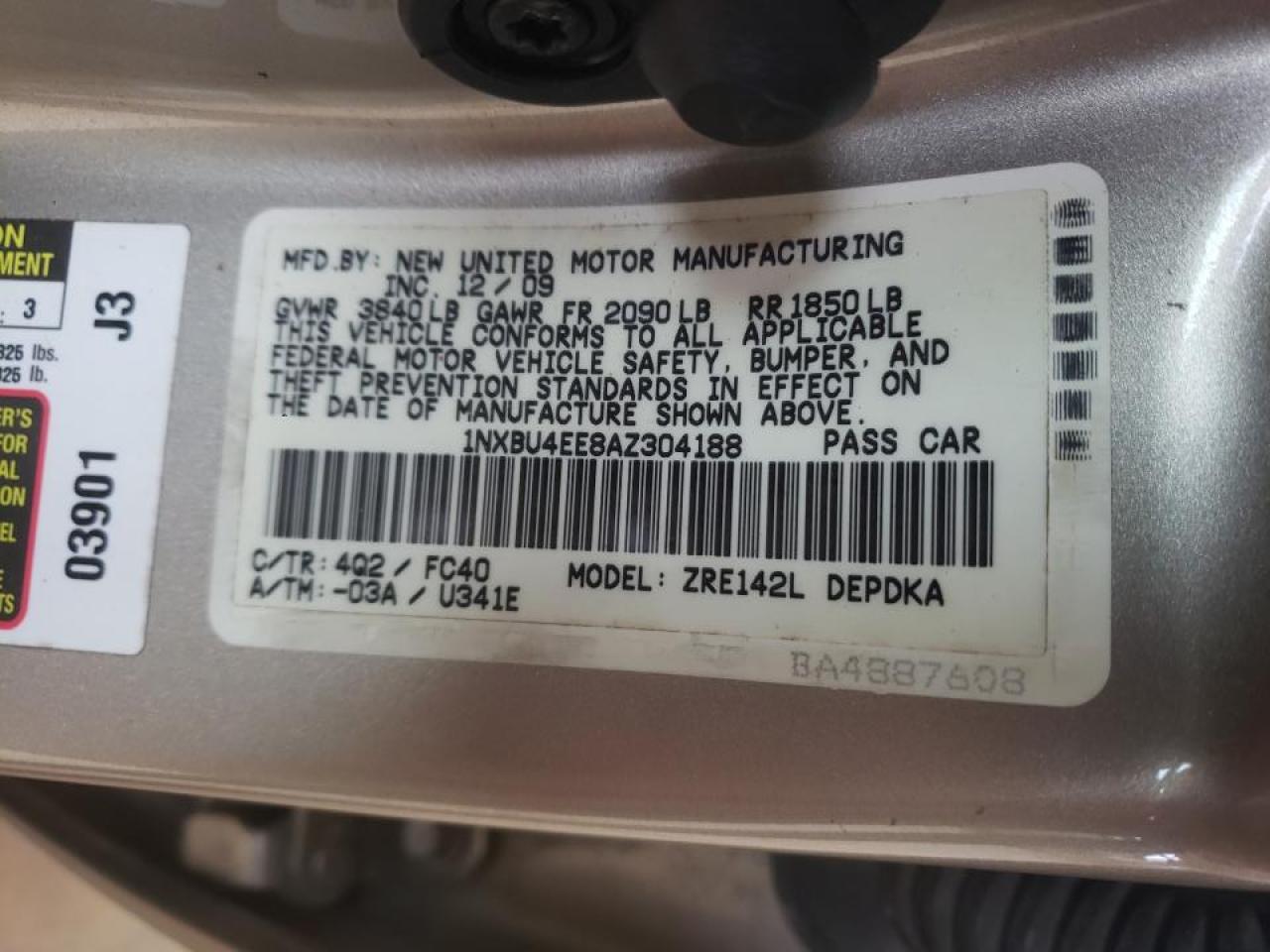 Photo 10 from auction – 2010 TOYOTA COROLLA BA with VIN 1NXBU4EE8AZ304188