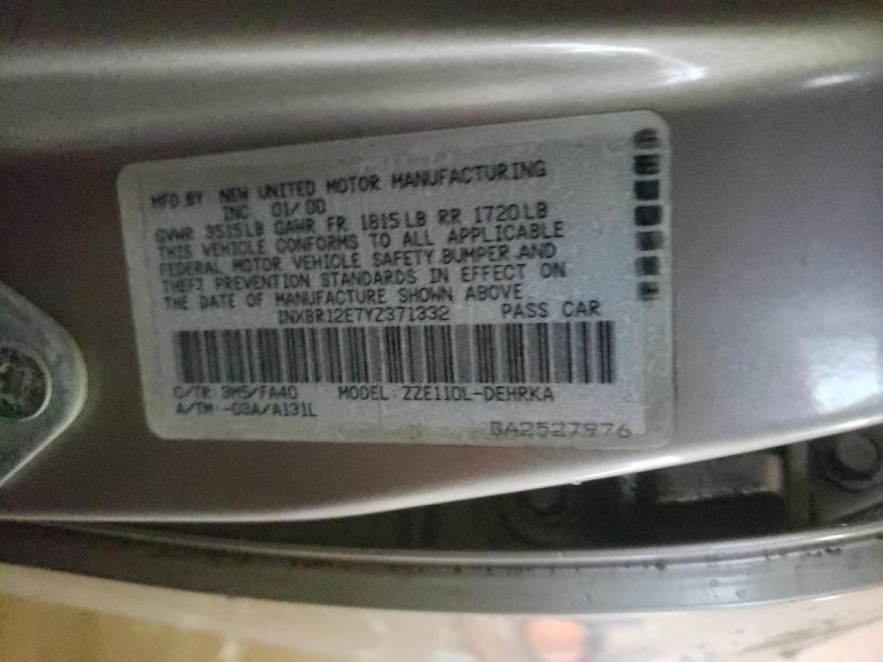 Photo 10 from auction – 2000 TOYOTA COROLLA with VIN 1NXBR12E7YZ371332