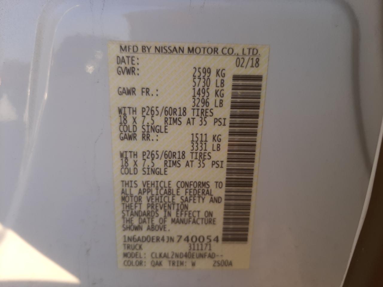 Photo 10 from auction – 2018 NISSAN FRONTIER S with VIN 1N6AD0ER4JN740054